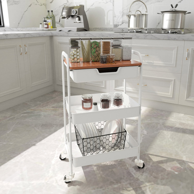 3-Tier Stainless Steel Rolling Cart with Drawer, Metal Utility Cart with Wheels, Salon Trolley Cart, Storage Cart,Bathroom Cart,Metal Cart,Printer Stand
