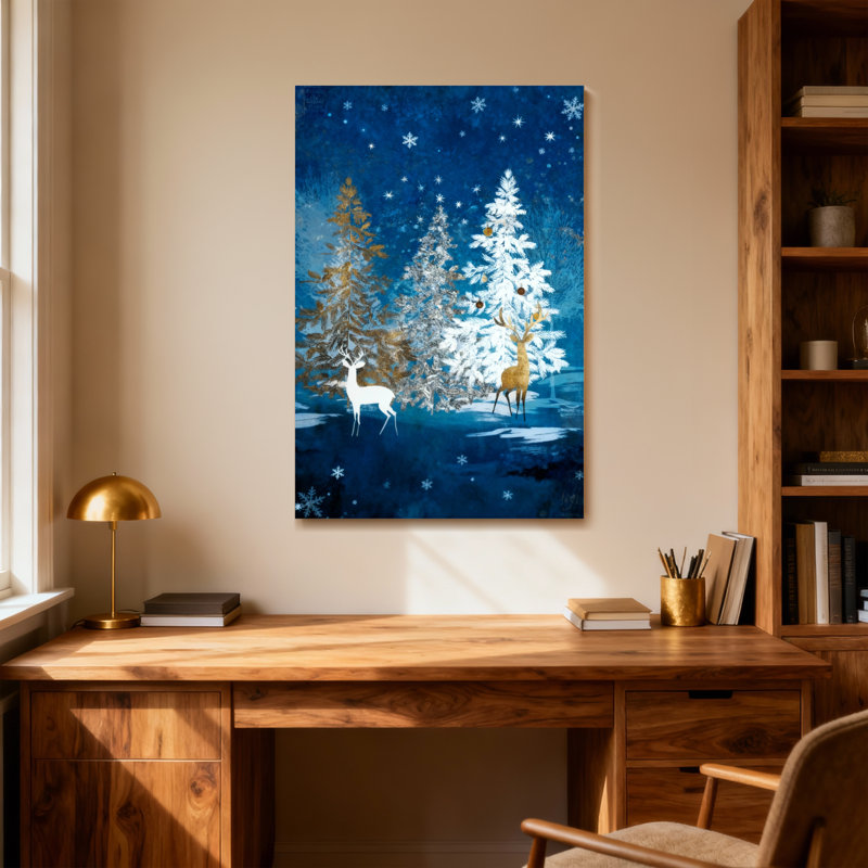 Animaux, hiver, forêt, cerfs, flocons de neige, ciel nocturne, arbres, H 30 po x l 20 po