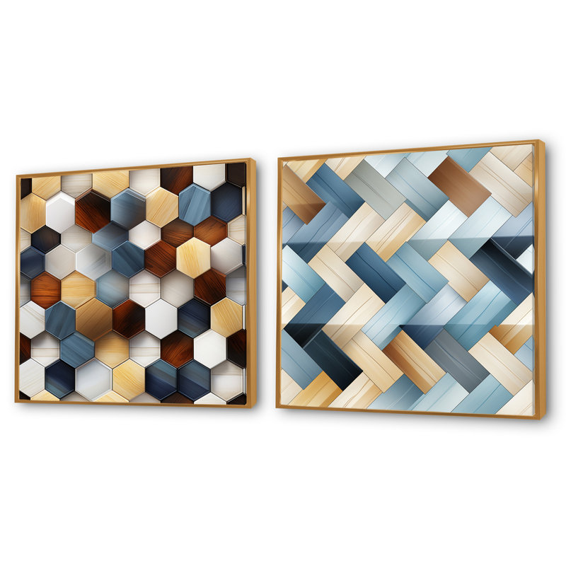 Orange And Grey Hexagons Angularity III - Abstract Shapes Square Collage Set Of 2, Gold Floater Framed, 30" H x 61" W