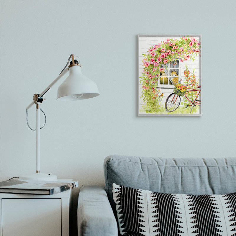 Vélo rose avec chalet charmant pour chat, Estampe numérique Farmhouse, H 20 po x l 16 po