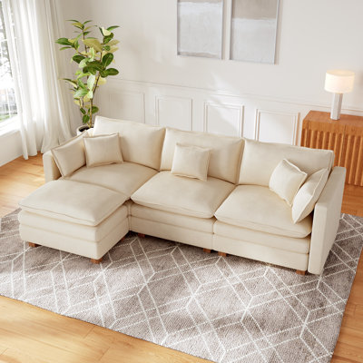 112.2" Chenille Upholstered Sofa with Ottoman, Cloud-Like Modular Sectional Couch with Wooden Legs