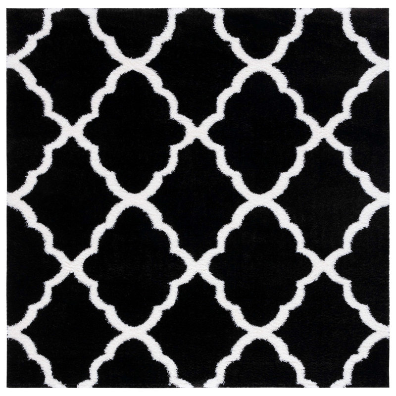Tapis noir et blanc à motif géométrique, Carré 6 pi 7 po