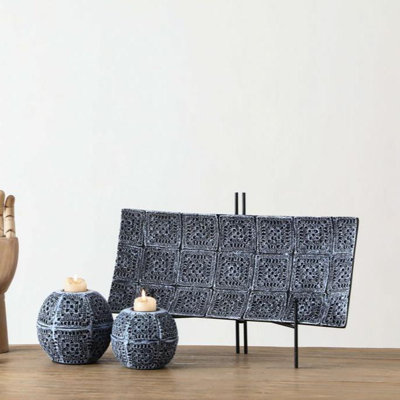 Gray 3 Piece Quilted Design Tealight Holder and Tray Set