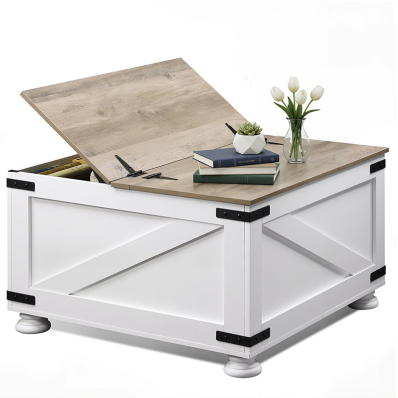 Table basse Farmhouse, table basse carrée 31,5 po avec couvercle rabattable et grand compartiment de rangement caché pour le salon