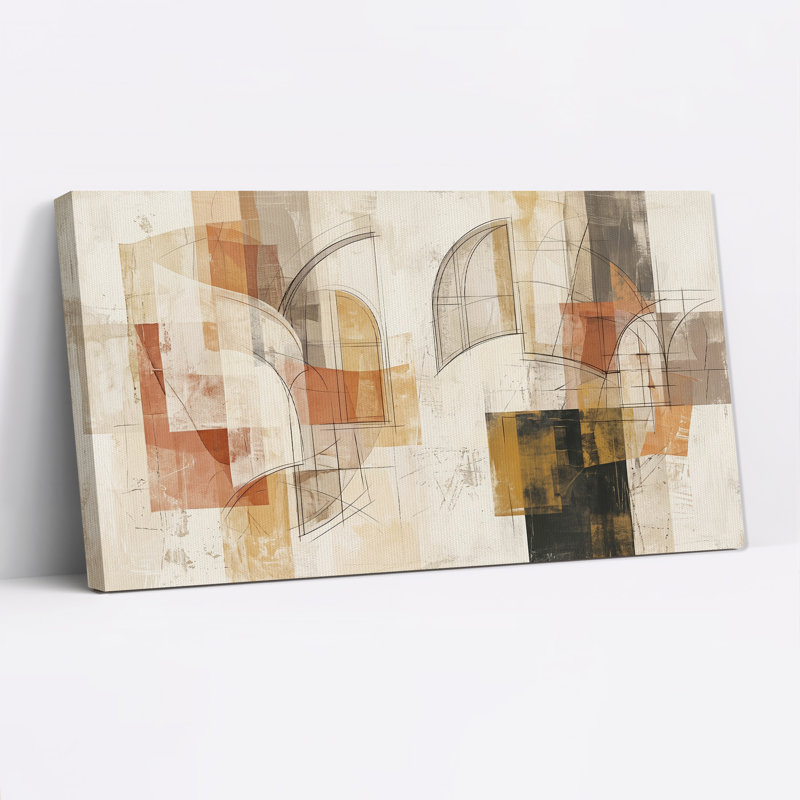 Composition géométrique abstraite sur toile rouille et beige, 46“W x 24”H