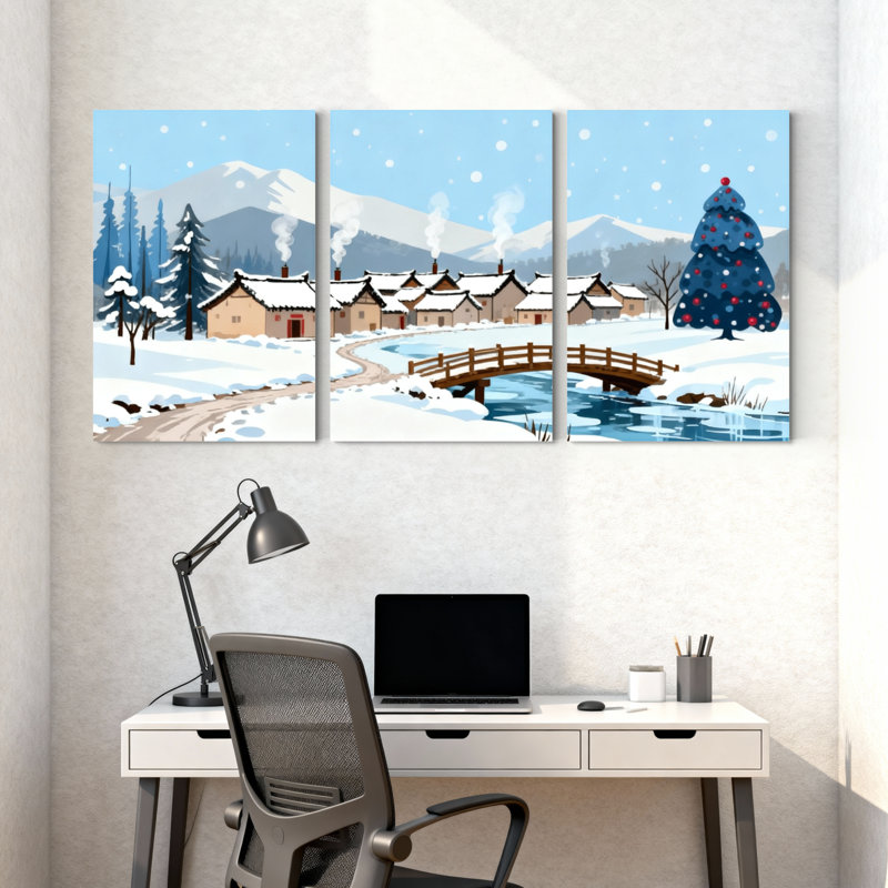 Hiver, forêt, village d'hiver, paysage de neige, arbre de Noël, ensemble de 3 impressions sur toile, H 24 po x l 48 po