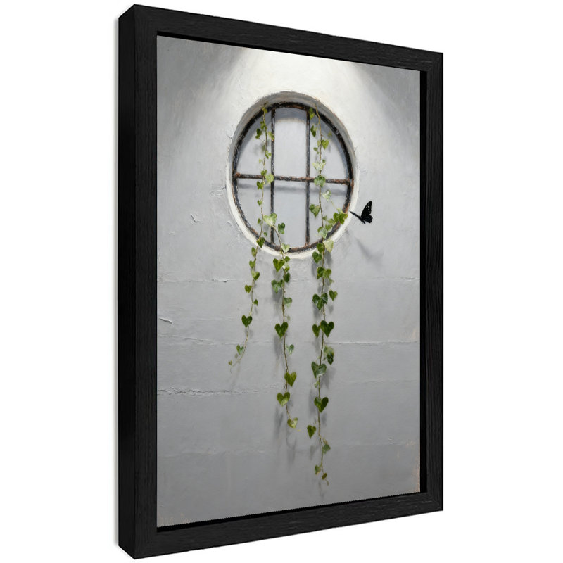 Reproduction d'art encadré noir avec fenêtre verte et feuille verte, H 37 po x l 25 po