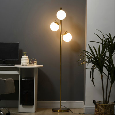 Lampe sur pied moderne à 3 lumières HOMcom pour le salon, lampe sur pied pour chambre à coucher avec abat-jour sphérique, base en acier (ampoule non incluse), or