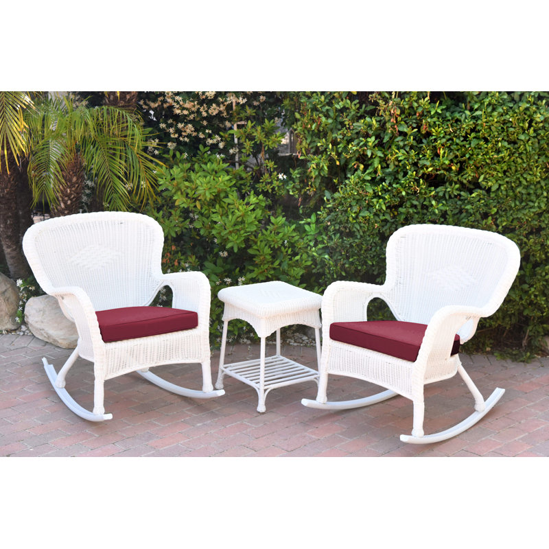 Windsor Resin Wicker Rocker Chair And End Table Set With Cushions, White, Red