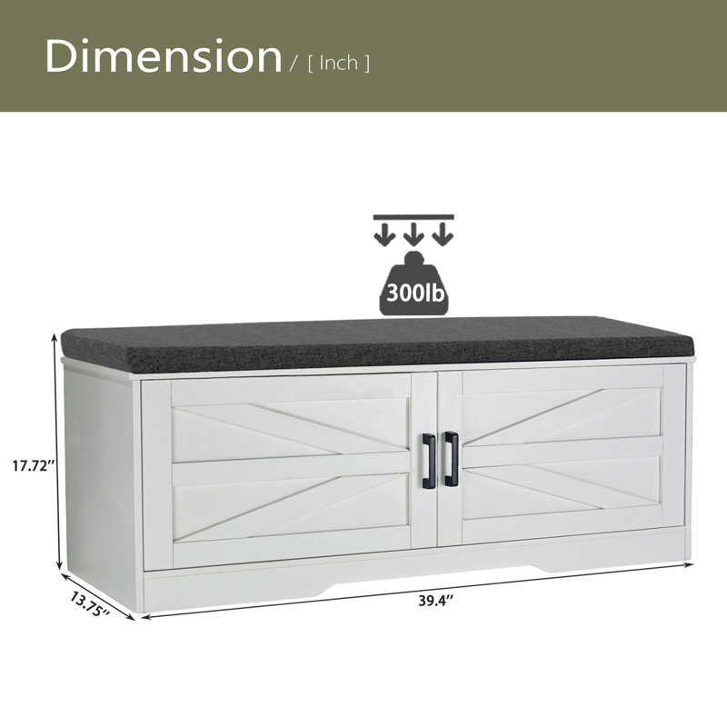 2-Tier Storage Bench, Farmhouse Shoe Bench With Padded Seat Cushion, Entryway Bench With 2 Barn Doors & 2 Adjustable Shelves, 13.75" D X 39.4" W X 17.72" H