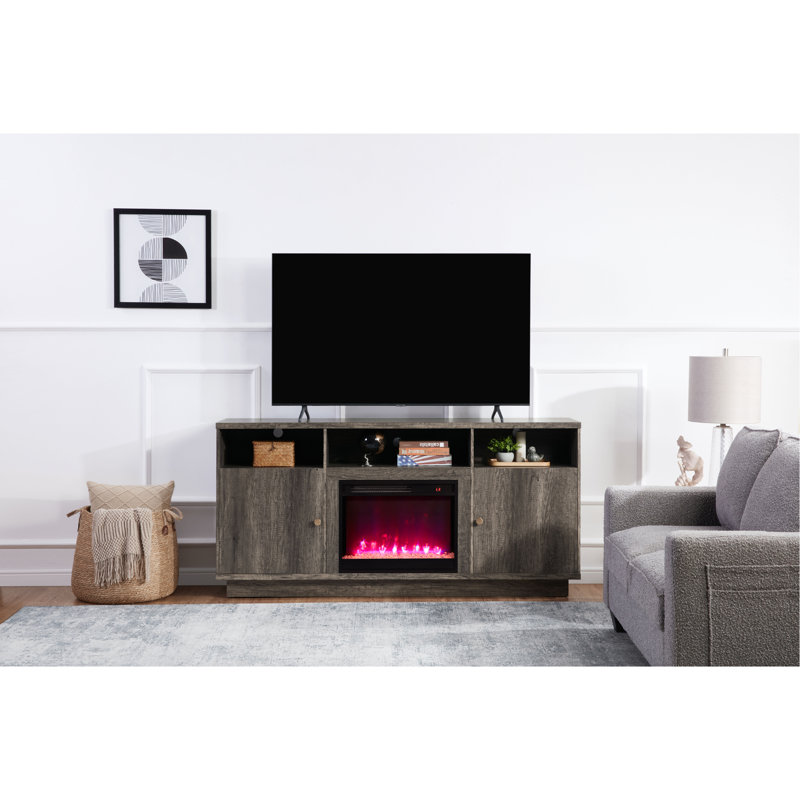 Console 70 po avec foyer, lumière DEL, armoires et tablettes