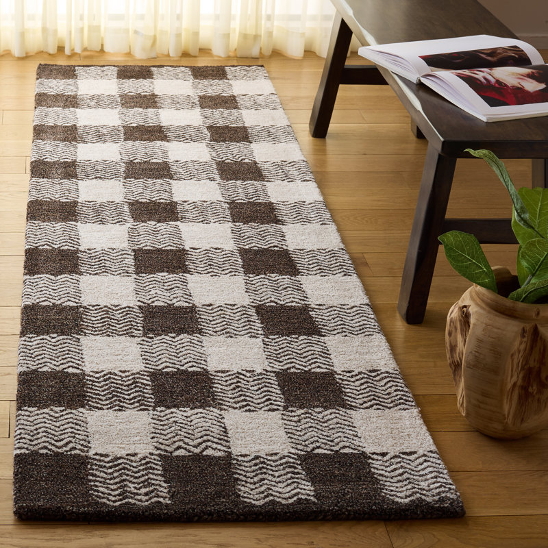 Genre 801 Hand Tufted Wool/Cotton/Fiber Checkered Rug in Brown/Ivory, Runner 2'3" x 8'