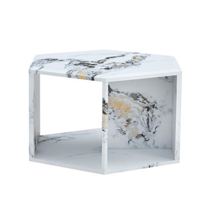 Hexagonal MDF Coffee Table, White Marbl Pattern Stickers, Multi-Hole Design To Give More Storage Space, Simple And Convenient Design Makes It Suitable For All Kinds Of Style Scenes.