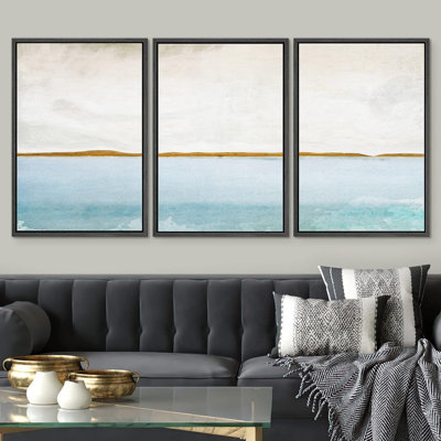 "Minimal Landscape", aquarelle bleue, paysage, formes, illustrations abstraites, impression sur toile, 3 pièces
