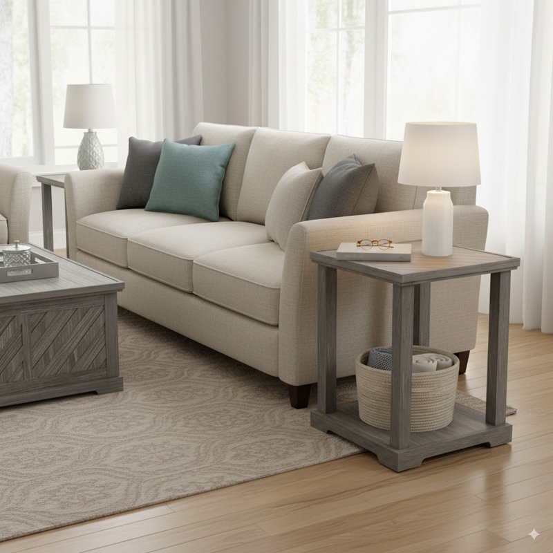  Rustic Wood End Table With Lower Shelf – Square Accent Side Table For Living Room, Outdoor Patio, Gray