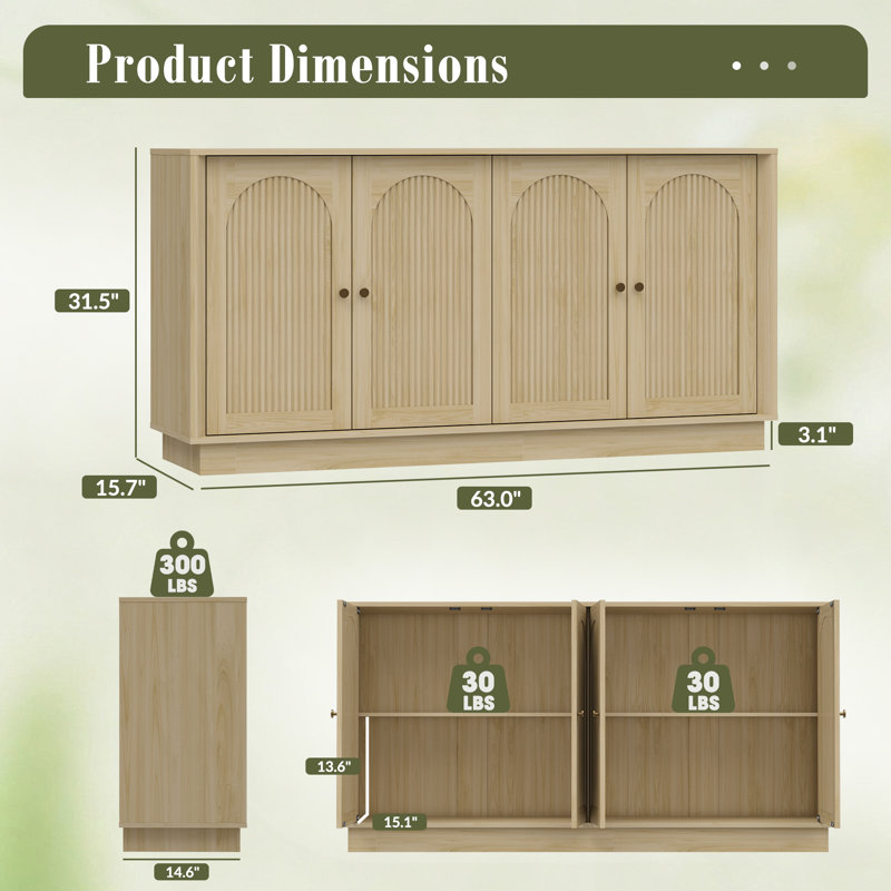 Modern Buffet Cabinet With Storage, 63" Fluted Sideboard Accent Cabinet With Adjustable Shelves & Arched Doors, Modular Coffee Bar Credenza For Dining Room Kitchen Living Room Entryway, Natural