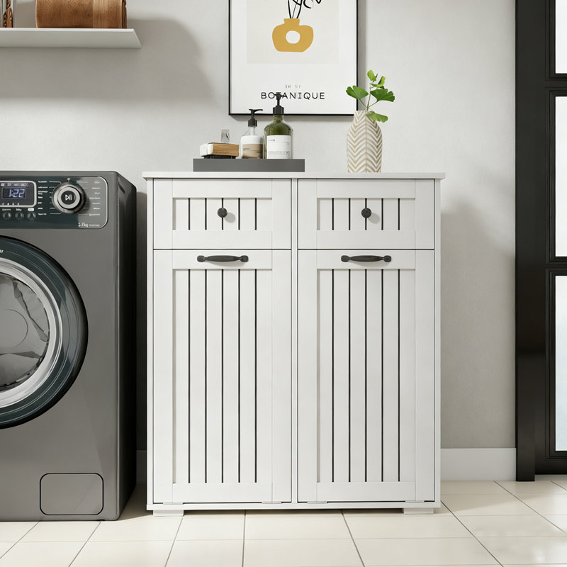 Laundry Cabinet With 2 Removable Baskets And 2 Drawers, Perfect For Organized And Efficient Laundry Storage.