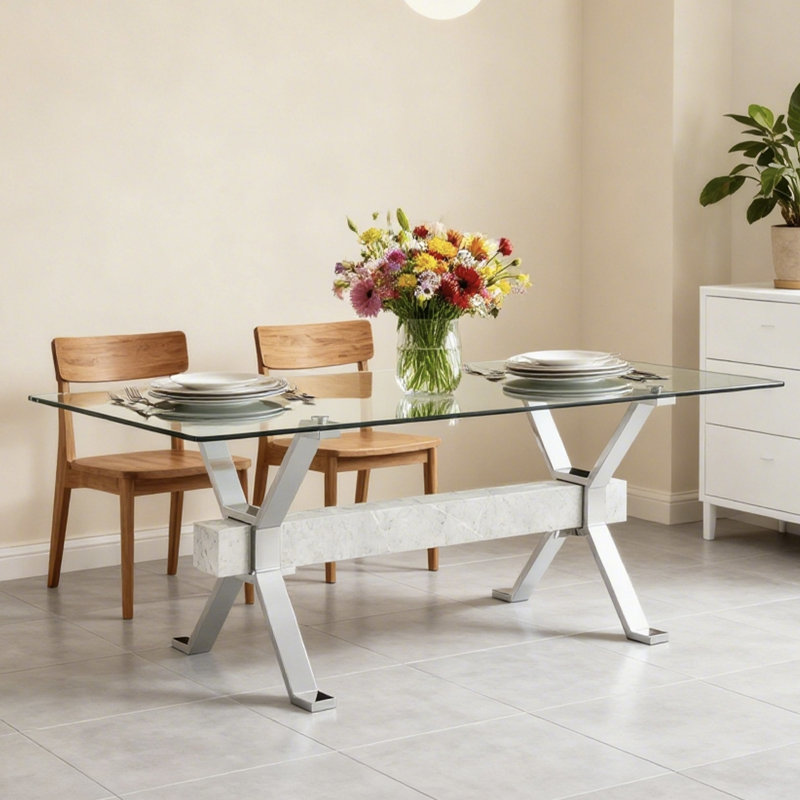 71" Tempered Glass & Metal Rectangular Dining Table, Silver/Gray