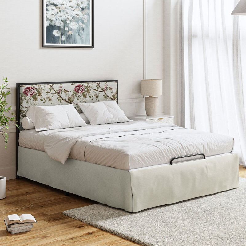 Neilius Upholstered Platform Bed with Washable Slipcover, King, Pattern Flower