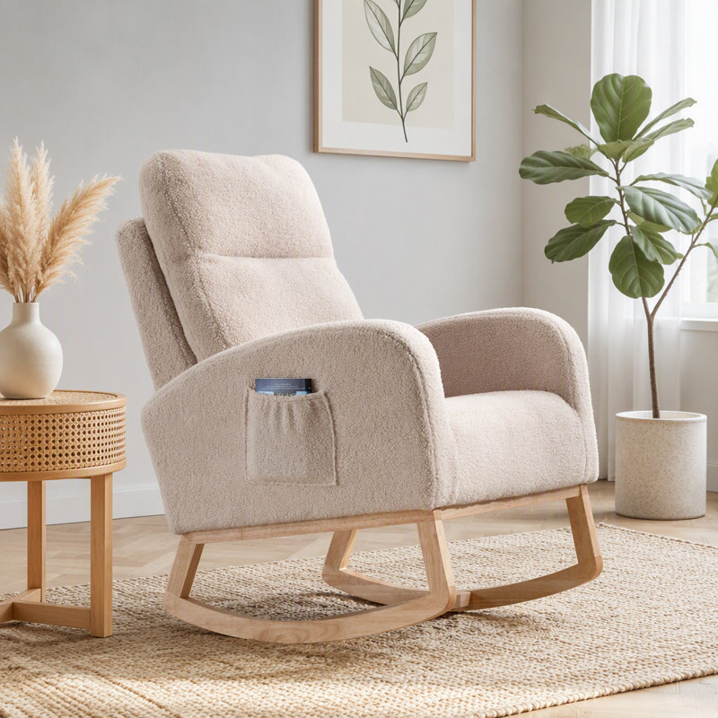 Chaise berçante avec pieds en bois massif, chaise berçante Modern, Peluche beige