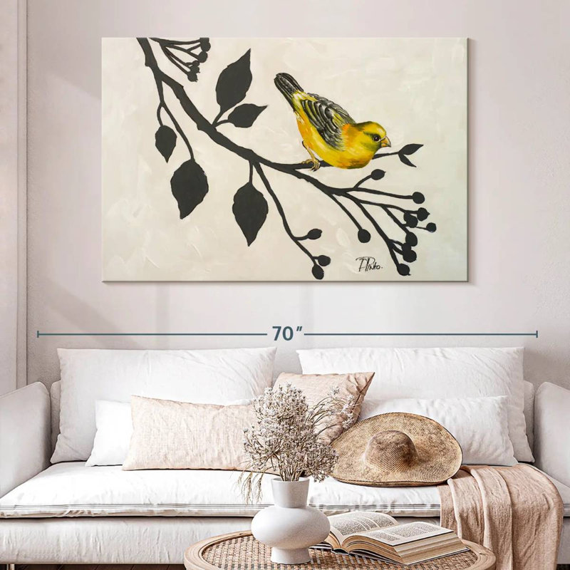 Brampt oiseau jaune sur la branche I, H 34 po x l 51 po