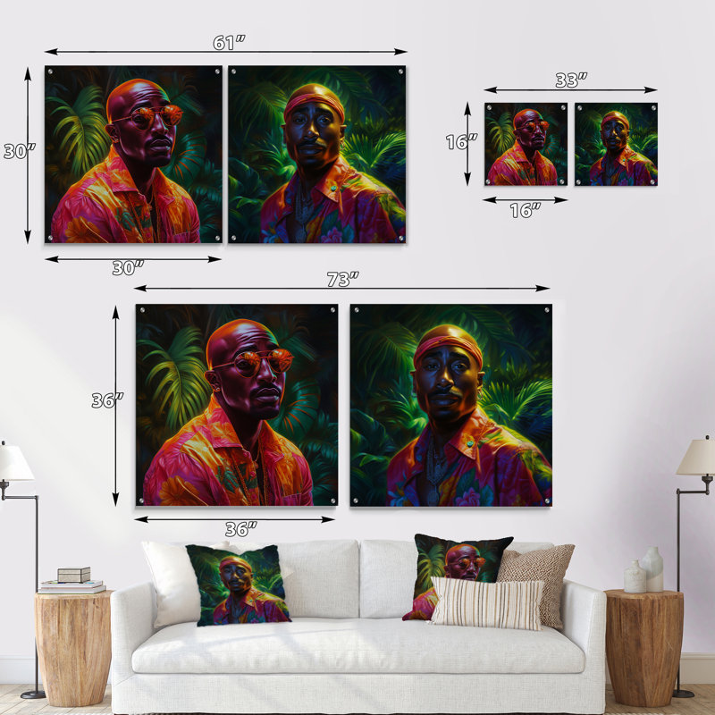 2Pac Miami Vibes I - Ensemble d'art mural en verre acrylique pour homme 2 pièces, H 36 po x l 73 po