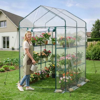 Walk-in Green House, 54 x 54 x 77.2 in, Greenhouse with Shelves, High Strength PE Cover with Zipper Door and Steel Frame, Assembly in Minutes, Suitable for Planting and Storage