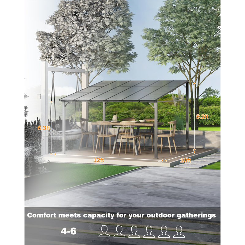 Lean To Gazebo, Pergola murale à toit rigide avec toit en polycarbonate, pavillon de jardin en aluminium