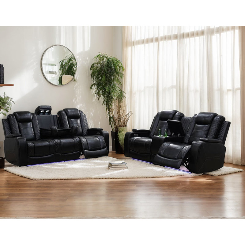Ensemble de 2 fauteuils inclinables modernes en cuir avec port USB, DEL et console de recharge sans fil, Noir