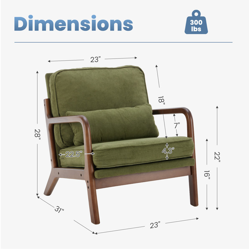 Upholstered Linen Blend Accent Chair with Wooden Legs and Lumbar Pillow, Green