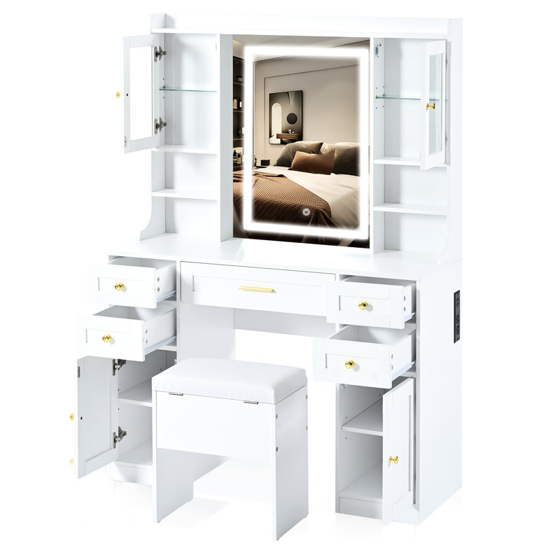 Meuble-lavabo blanc 41,4 po avec éclairage réglable, 5 tiroirs, 4 armoires, station de charge, tabouret rembourré et extérieur rétro - configuration idéale pour une chambre à coucher