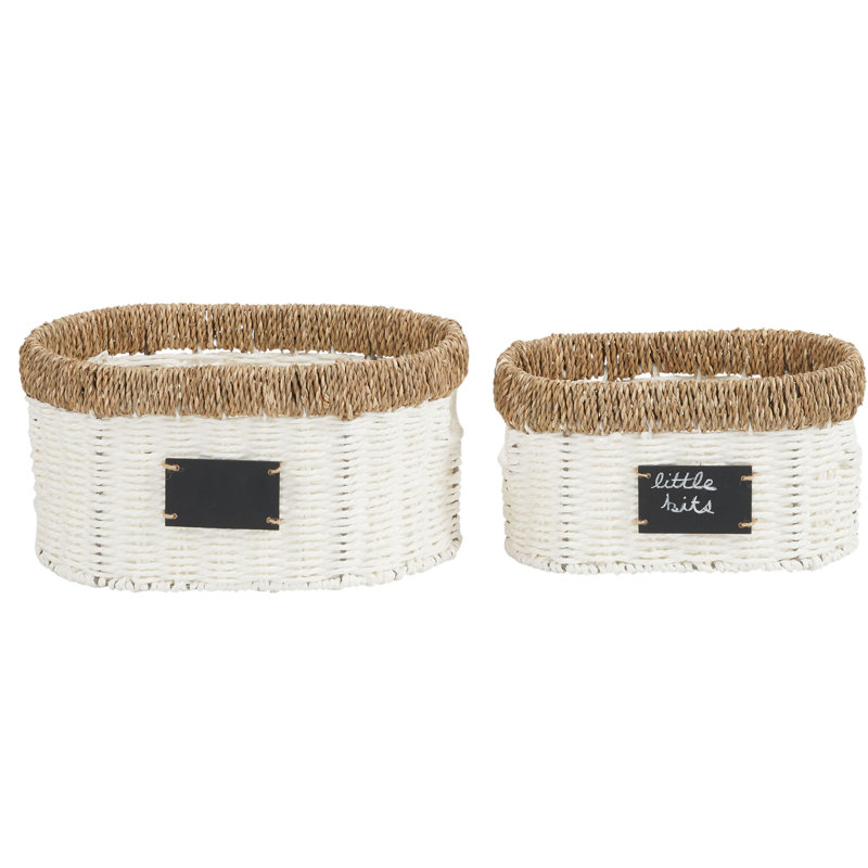 2‑Piece Trim Woven Oval Basket Set, in Paper Rope and Seagrass with Chalkboard Labels