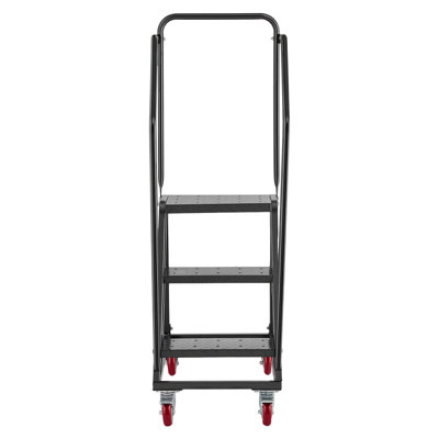Échelle de rangement mobile à 3 marches, escalier industriel en acier avec mains courantes, marches perforées antidérapantes et roues verrouillables, échelle plateforme de 450 lb pour le garage et la bibliothèque