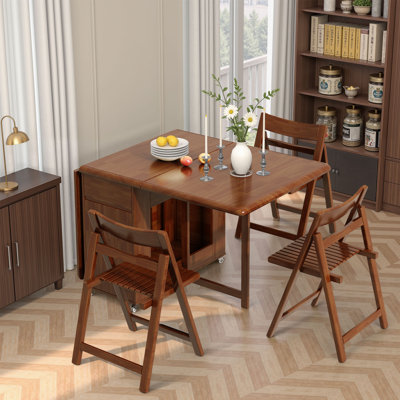 Folding Drop Leaf Dining Table and Chairs, Fully Assembled Solid Wood Space-Saving Kitchen Table and Chairs Set with Storage & Lockable Wheels