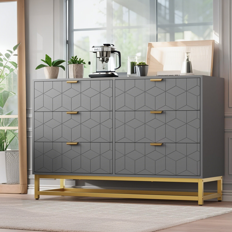  Commode 53,5 po, commode 6 tiroirs avec poignées et pieds dorés, grand rangement moderne pour la chambre à coucher, le couloir et le salon