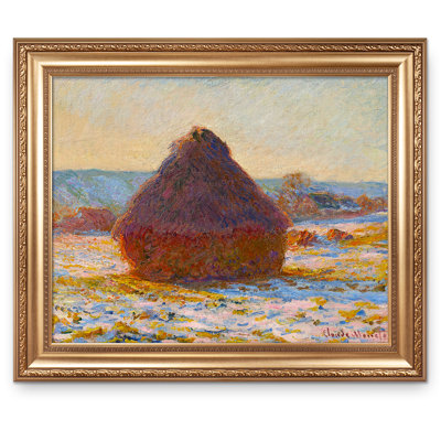 Grainstack in the Sunlight,Snow Effect by Claude Monet Framed World Classic Reproductions For HomeDecor,Wide Gold Frame