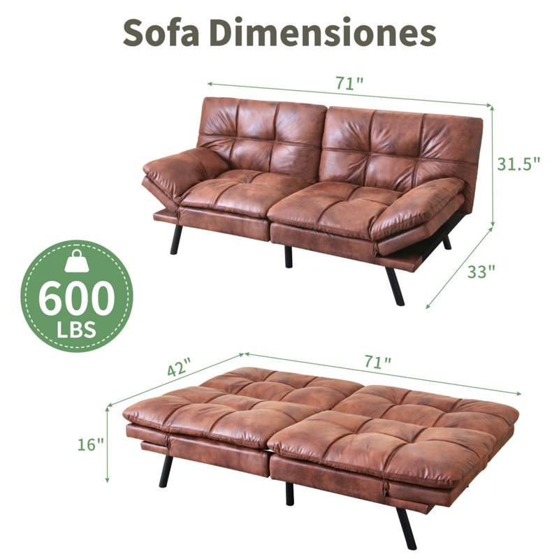 Futon Sofa Bed With Foam & Removable Armrests - 2-4 Seater, Brown