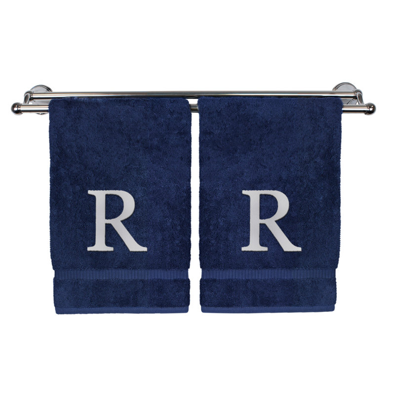Essuie-mains monogrammés - ensemble de 2 - lettre bloc, Bleu marine/blanc, R