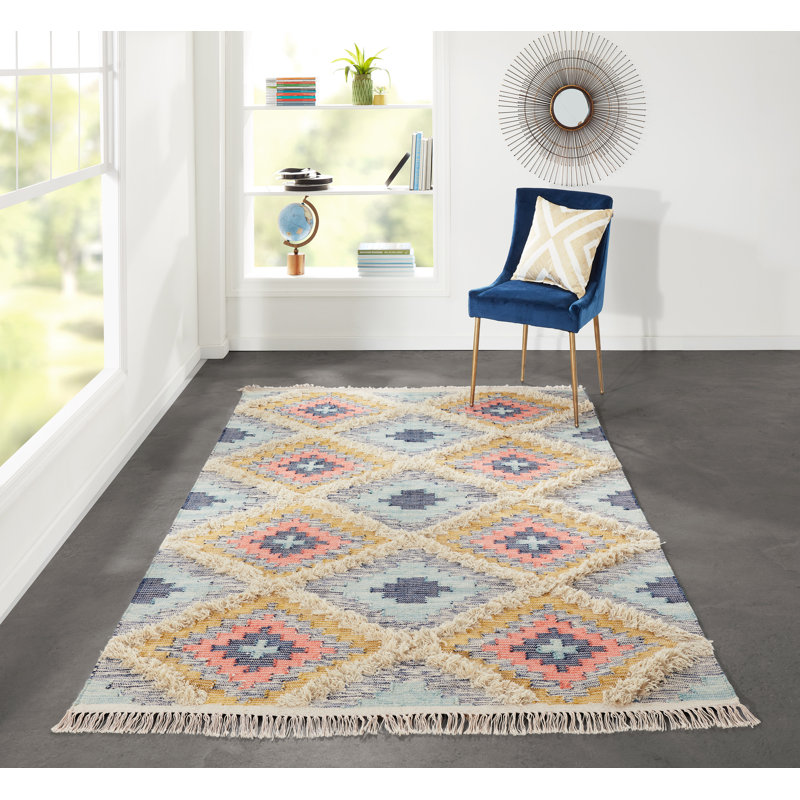 Tapis en laine fabriqué à la main de style sud-ouest Osiris en pêche / beige / bleu, Rectangle 7 pi 6 po x 9 pi 6 po