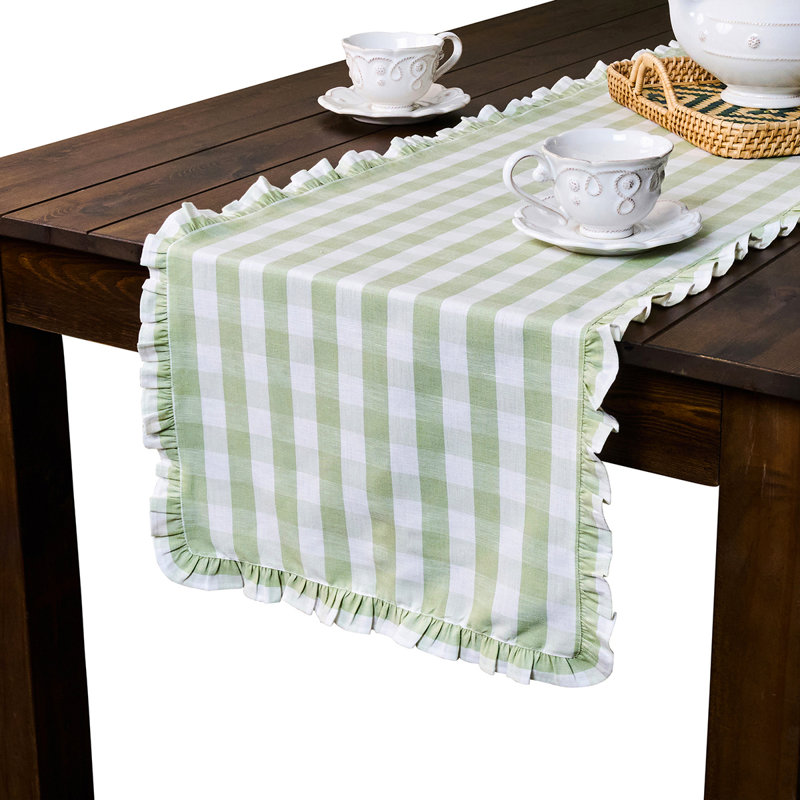 Gingham Ruffle 18" x 90" Table Runner, Seagrass, 90" L x 18" W