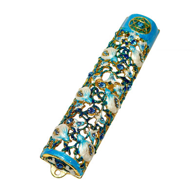Monther Blue Jeweled Pomegranate Mezuzah In Gift Box