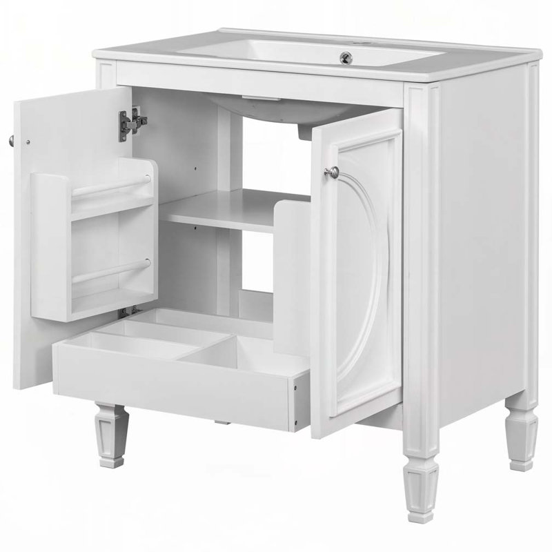 Meuble-lavabo de salle de bain avec lavabo en céramique, armoire et tablettes, Blanc / argenté