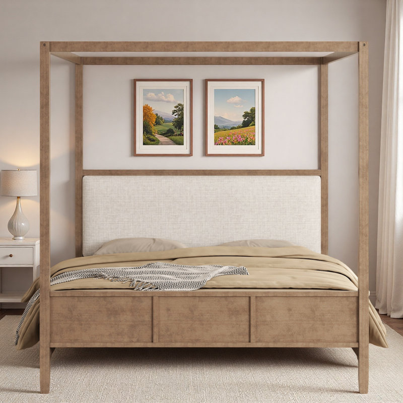 Lit plateforme à baldaquin en bois avec tête de lit tapissier, Très grand lit, Noyer naturel