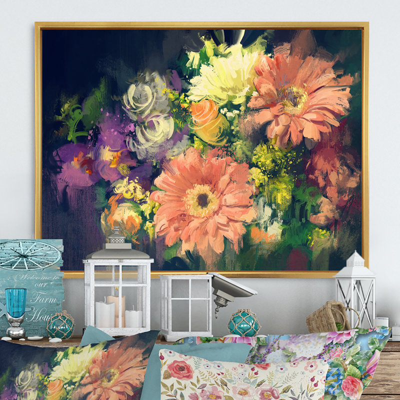 «Grunge Pastel Bouquet Of Flowers», reproduction sur toile, H 16 po x l 32 po x P 1 po, Cadre flottant doré