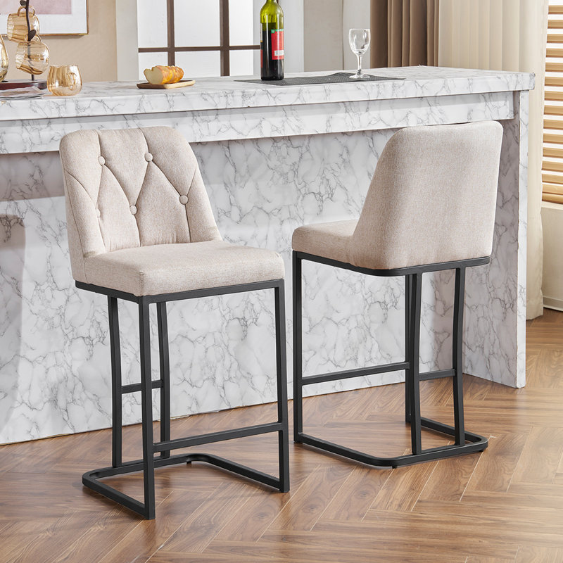 Set Of 2,Modern Upholstered Bar Stool With Button-Tufted Backrest, Counter Height Chair With Sturdy Metal Frame, Comfortable Padded Seat For Kitchen, Bar, Or Dining Room