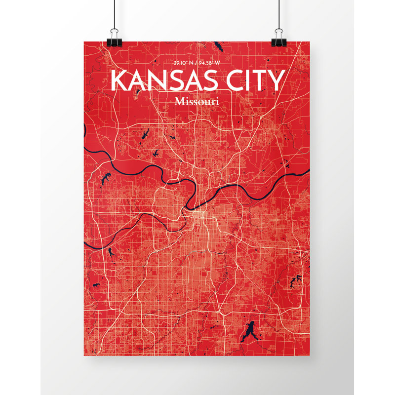 «Kansas City City Map», reproduction d'impression sur affiche en rouge, H 20 po x l 16 po