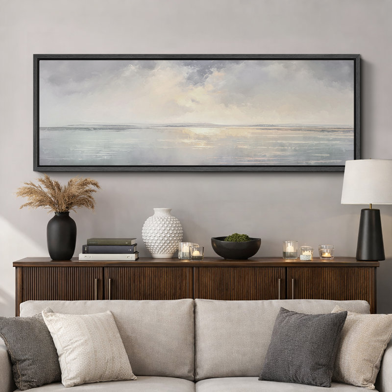 «Coastal Beach Tranquil Shores Serene Coastal Landscape», reproduction sur toile, H 20 po x l 60 po, Noir, noir, noir, noir