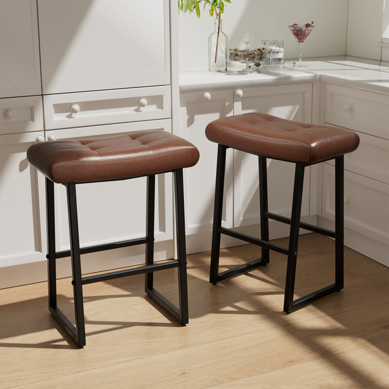Faux Leather Wide Cushion Bar Stool With Metal Frame, Dark Brown Seat/ Black Frame