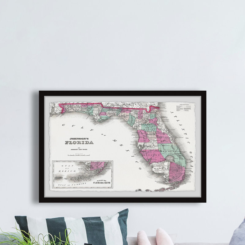 «Vintage Map of the State of Florida», reproduction d'art graphique sur papier encadrée, H 12 po x l 18 po x P 1,5 po