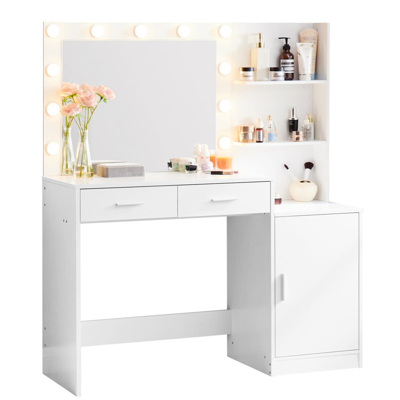 Vanity Desk With Mirror And Lights, 46.4in Dressing Table, 2 Large Drawers & Mesmerizing Vertical Organizer, 3 Level Dresser, Lighting Modes Adjustable Brightness For Bedroom
